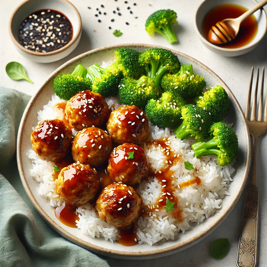 Teriyaki Turkey Meatballs with Jasmine Rice and Sautéed Broccoli THE